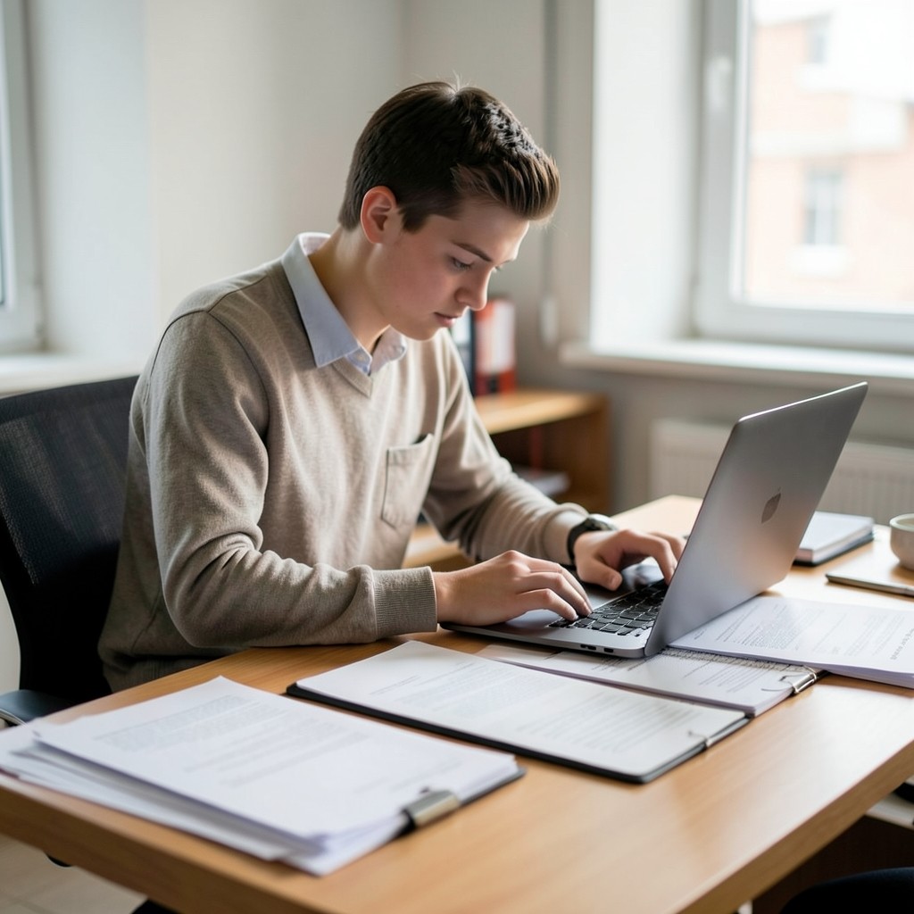 Junge Person arbeitet konzentriert an einem Schreibtisch mit Ordnern